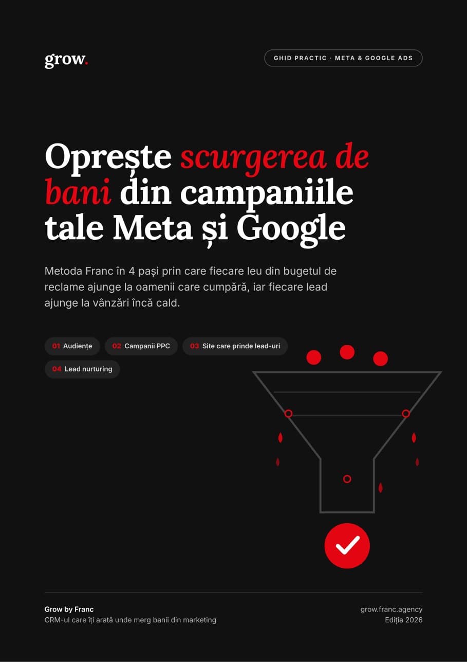 Coperta ghidului „Oprește scurgerea de bani din campaniile tale Meta și Google”